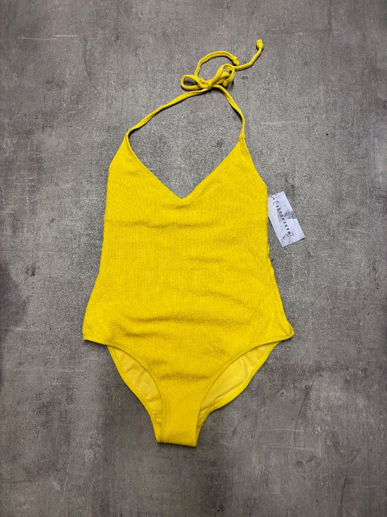 Warehouse Crinkle Yellow Halter Swimsuit - Size UK 12