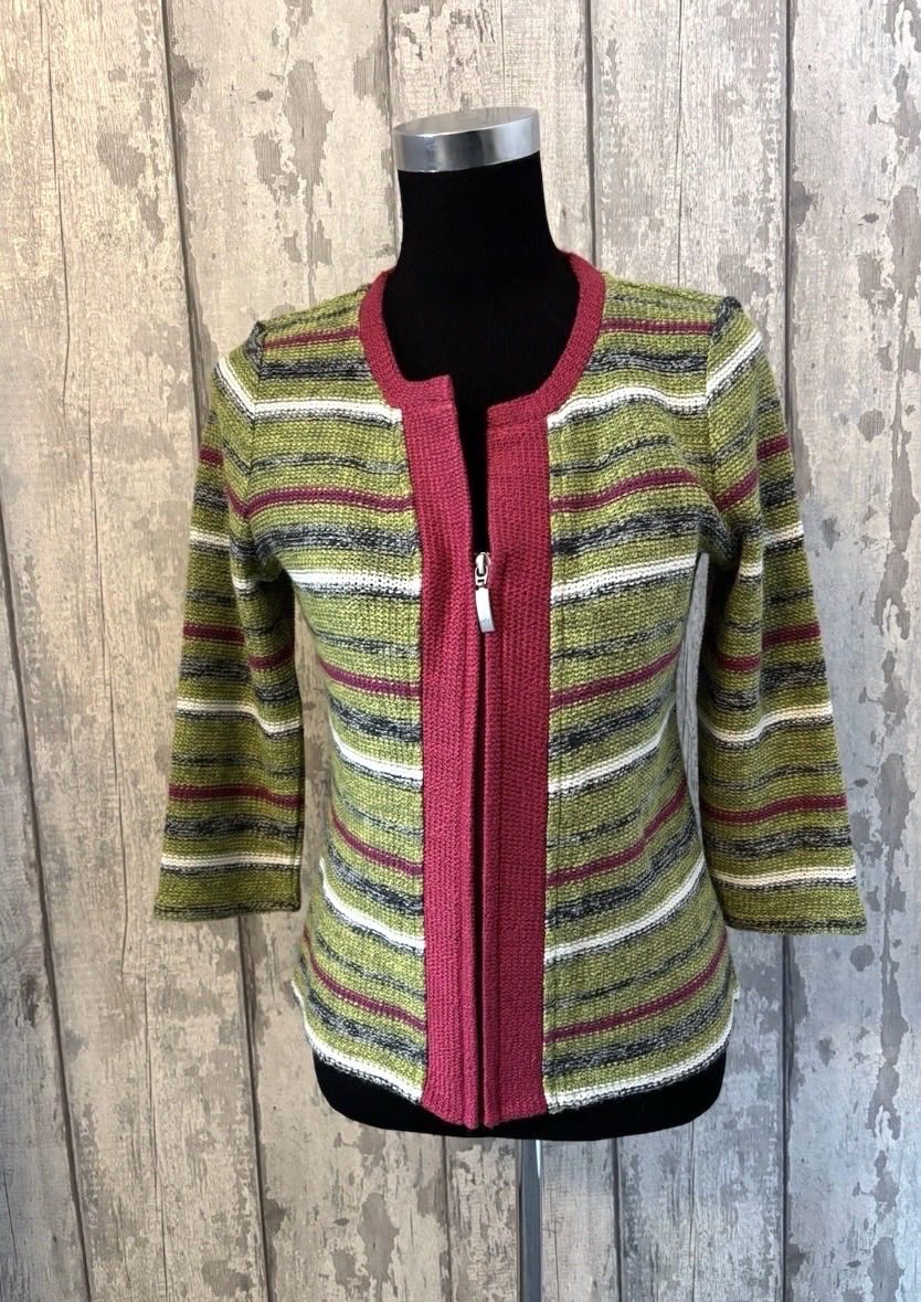 Per Una Green & Pink Striped Zip Up Cardigan Size Small