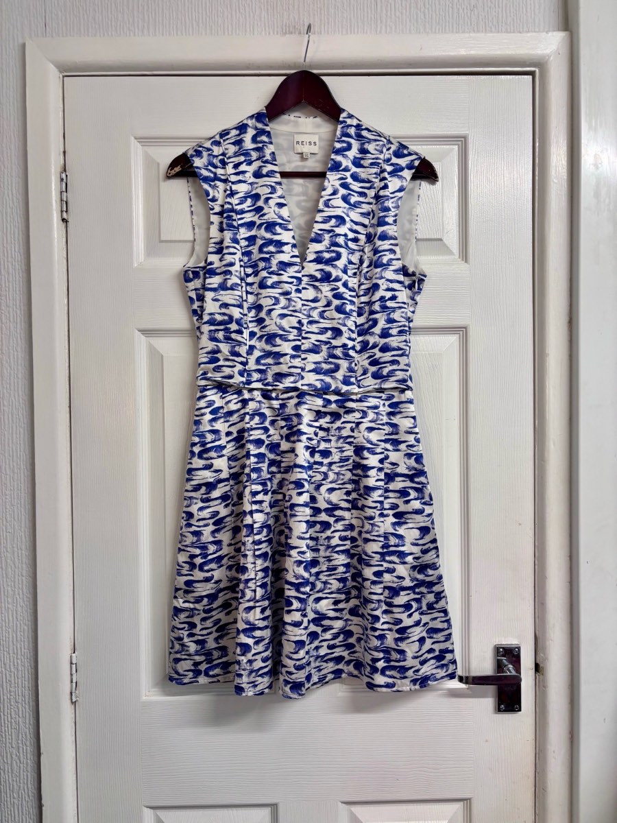 REISS Blue & White Abstract Print Silk-Blend Sleeveless Dress – Size UK 10