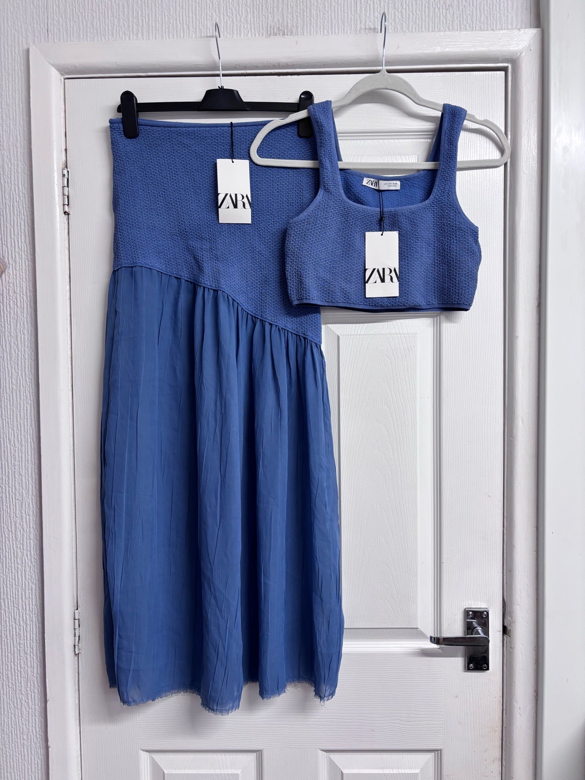 ZARA Blue Textured Two-Piece Coord Set Crop Top & Midi Skirt Size M New With Tag