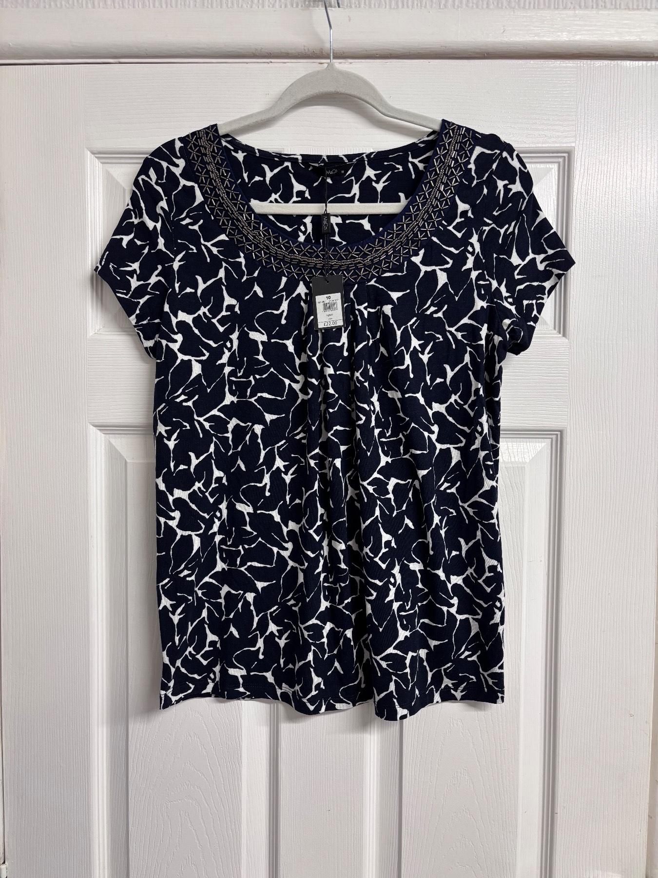 M&Co Navy & White Leaf Print Embellished Top | Size 10 New With Tags