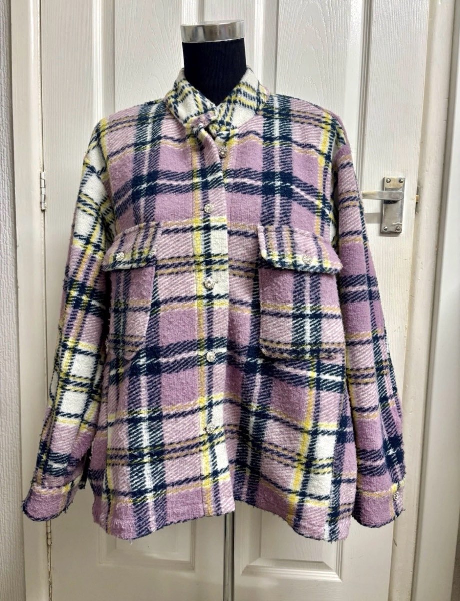 Zara Oversized Lilac Purple Plaid Check Shacket Jacket Coat Size Small