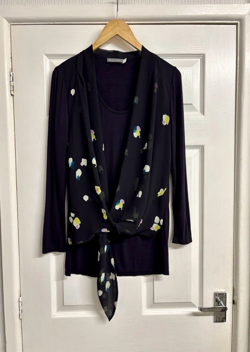 Mint Velvet Black & Navy Floral Top with Chiffon Overlay Size 12