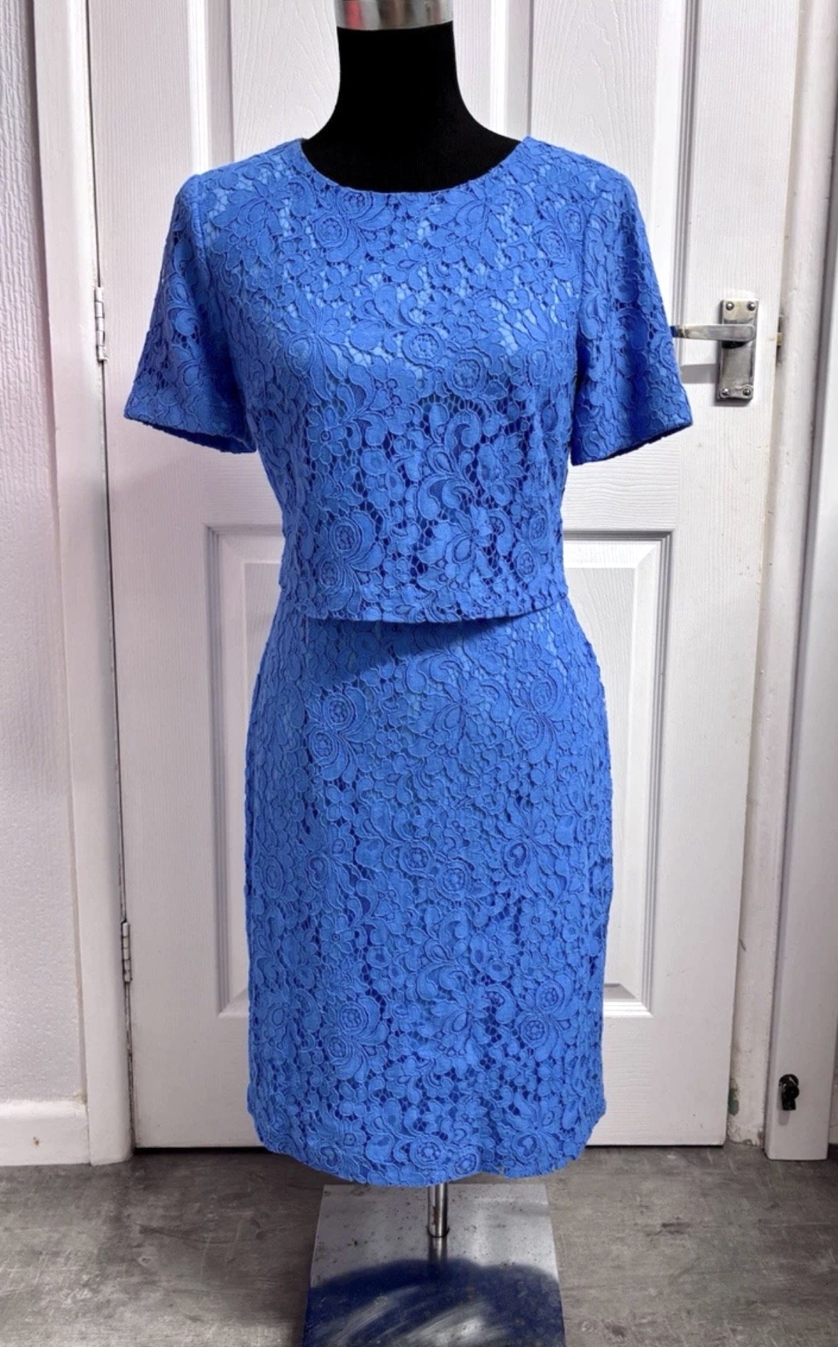 Ralph Lauren Blue Floral Lace Overlay Midi Dress - Size 8 (UK 12)