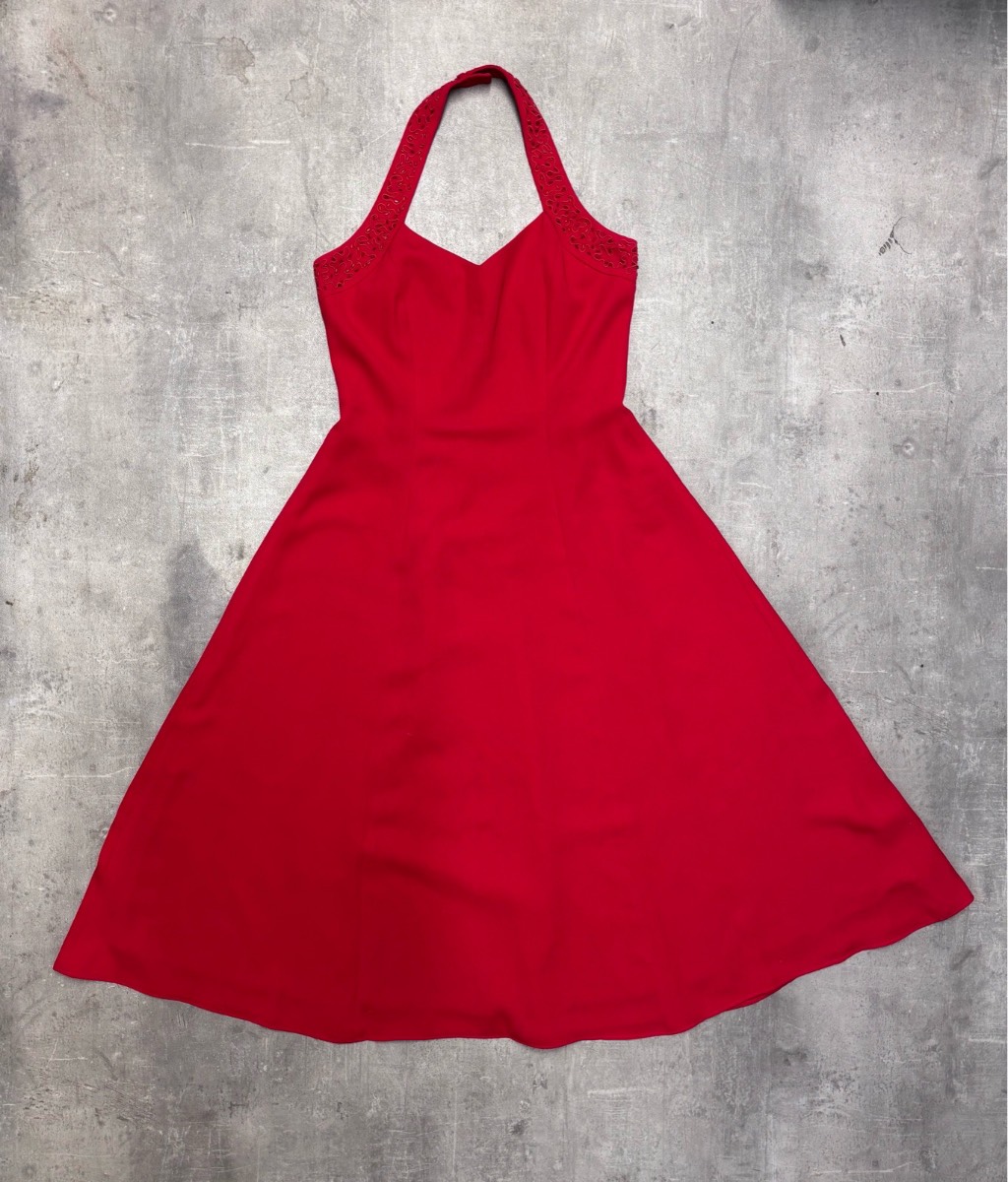 Vintage Richards Red Beaded Halter Neck Fit & Flare Midi Dress - Size 12