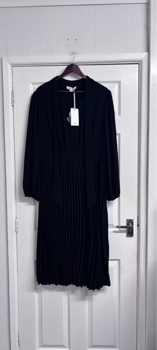 GRACE KARIN NWT Black Pleated Midi Dress with Tie Neck - Size UK 20