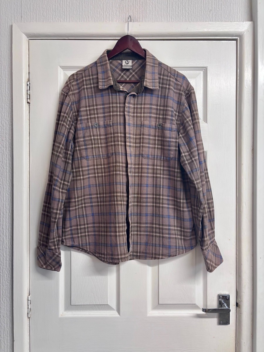 Merrell Mens Flannel Plaid Shirt Large Brown Blue Long Sleeve Button Up Outdoor