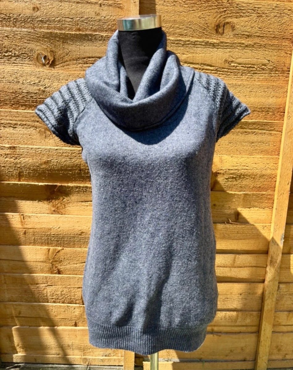 Mint Velvet Grey Wool Blend Cowl Neck Short Sleeve Knitted Top - UK Size 10