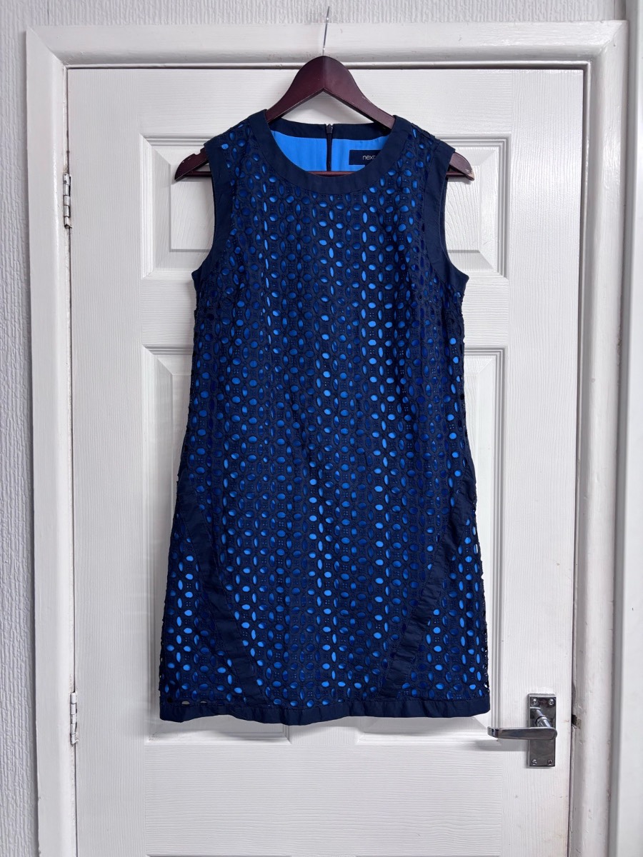 Next Navy & Bright Blue Eyelet Shift Mini 60s Style Dress - Size 12