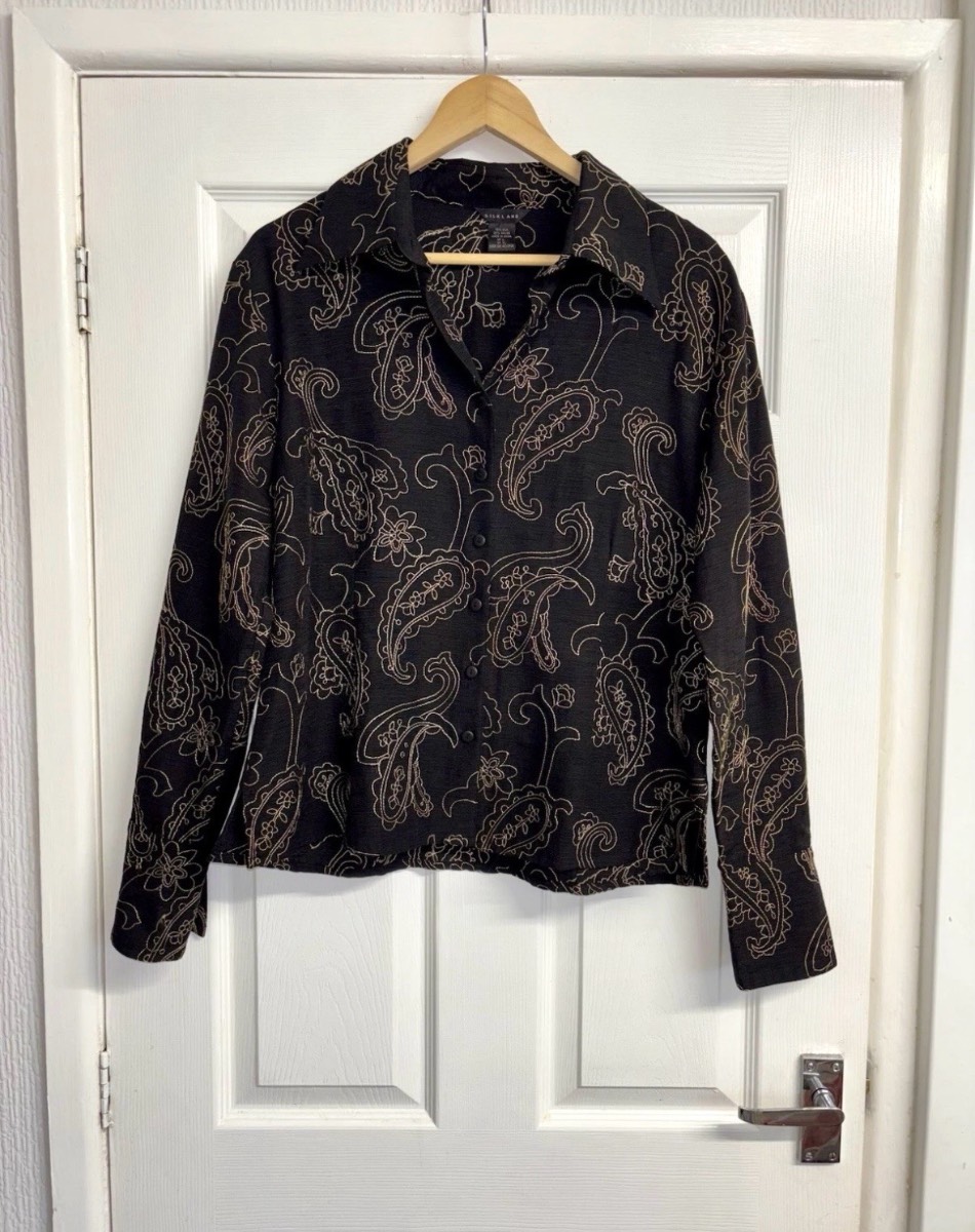 Silkland Black & Gold Embroidered Silk Blouse Size XL