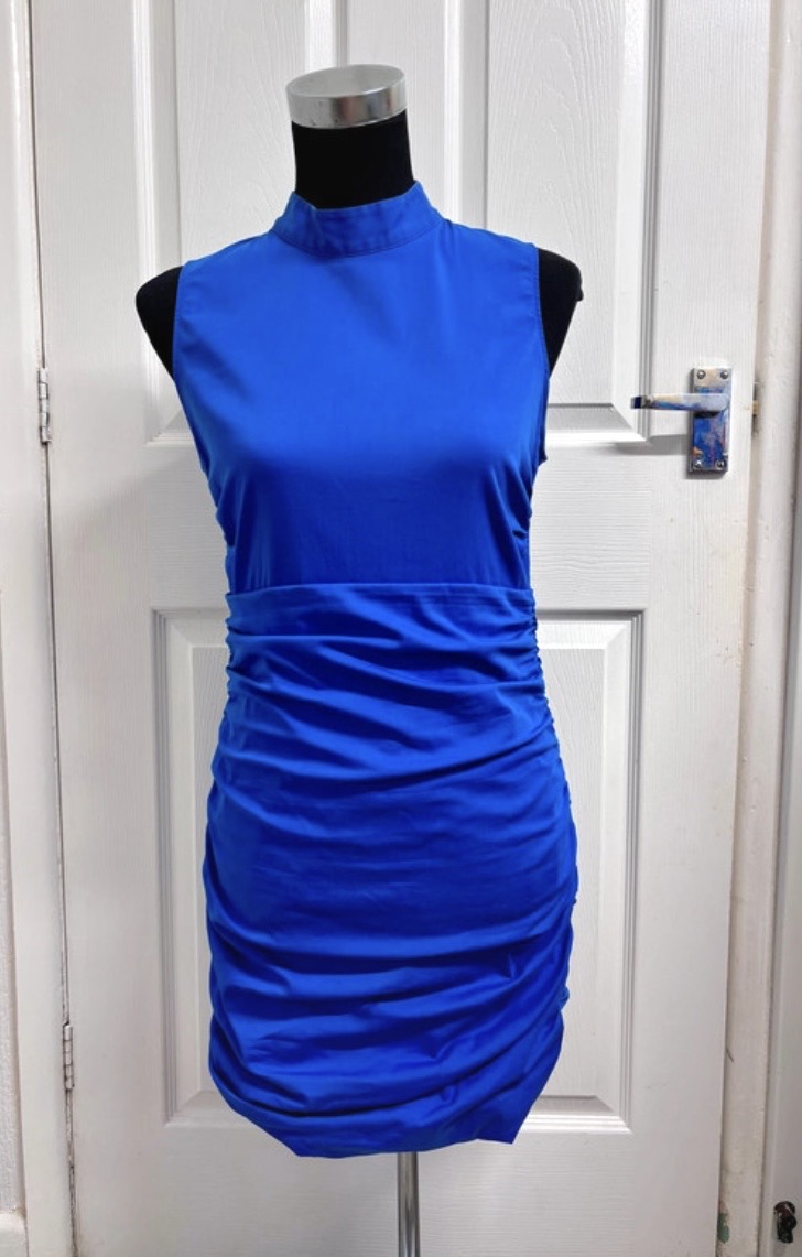 Zara Cobalt Blue Ruched High-Neck Mini Dress Size Large