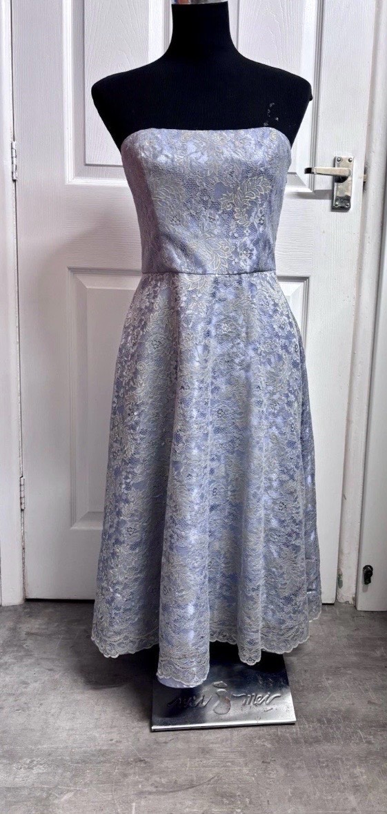 Laura Ashley Silver Floral Lace Strapless Midi Dress Size 10