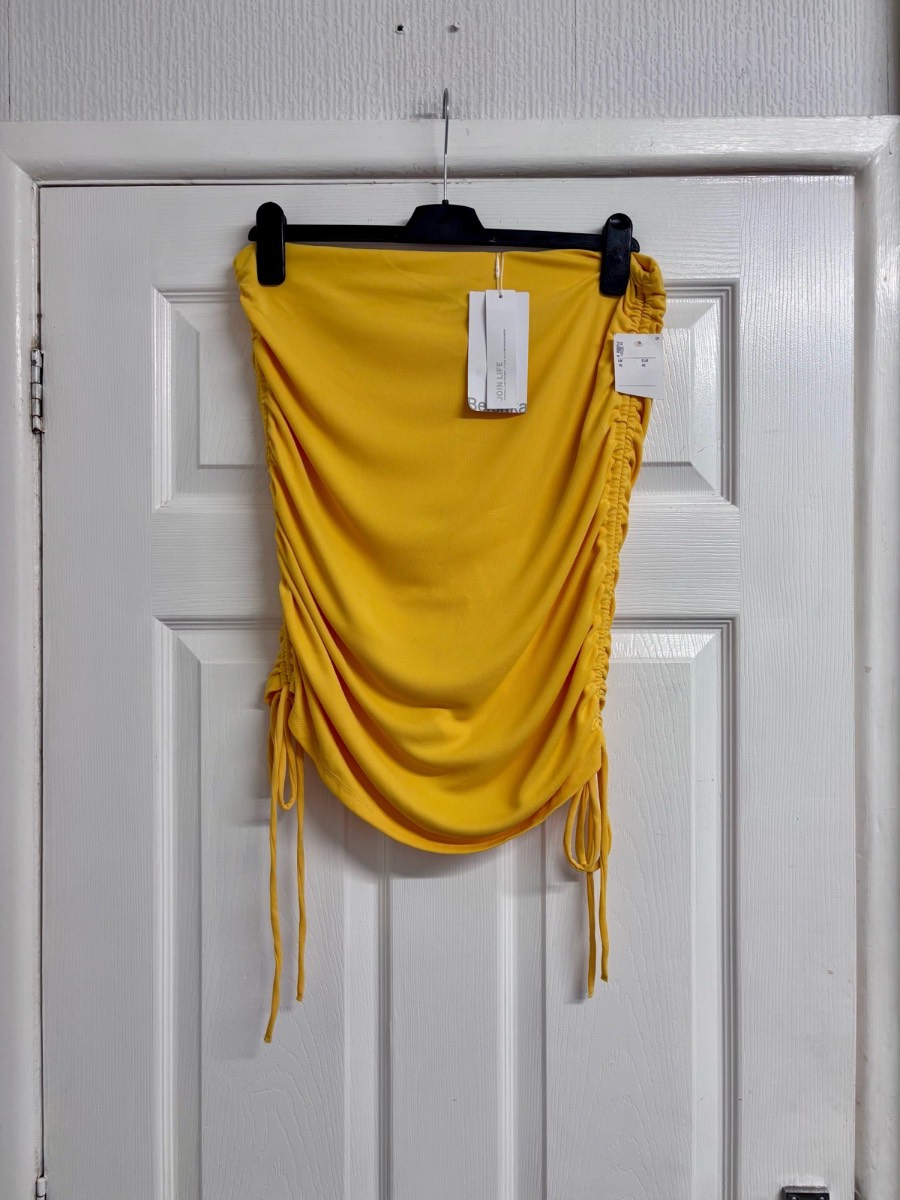 Bershka Bright Yellow Ruched Drawstring Mini Skirt Size XL / UK 16 New With Tags