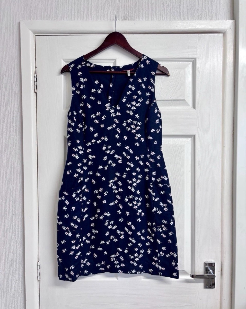 Joules Navy Blue Daisy Print Floral Linen Blend Summer Dress UK 8