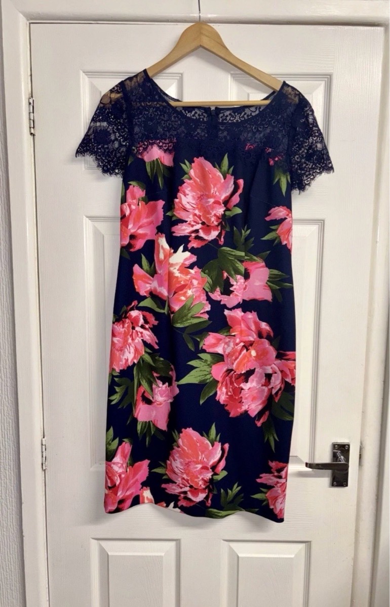 Joanna Hope Navy Blue Pink Floral Short Sleeve Lace Midi Dress Size 10