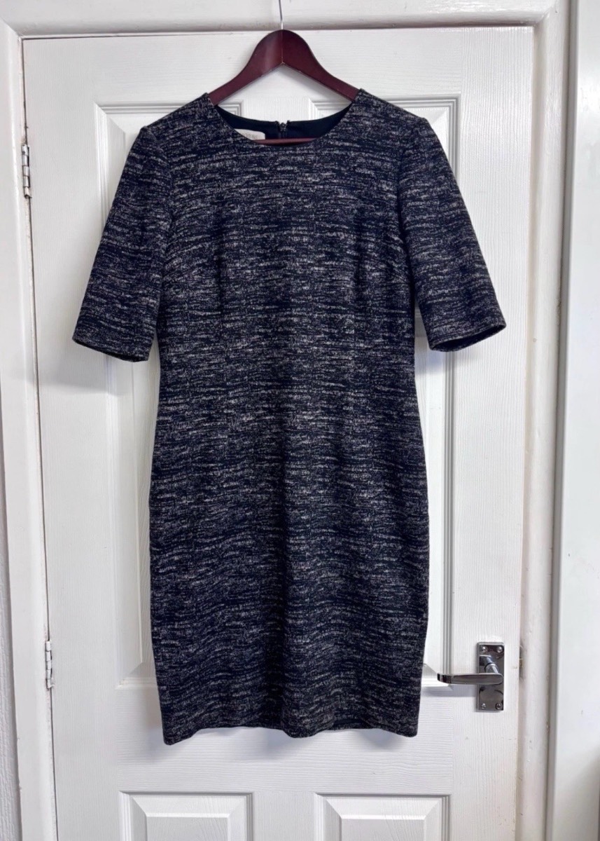Hobbs Black & Grey Tweed Cotton-Wool Blend Midi Dress - Size UK 12