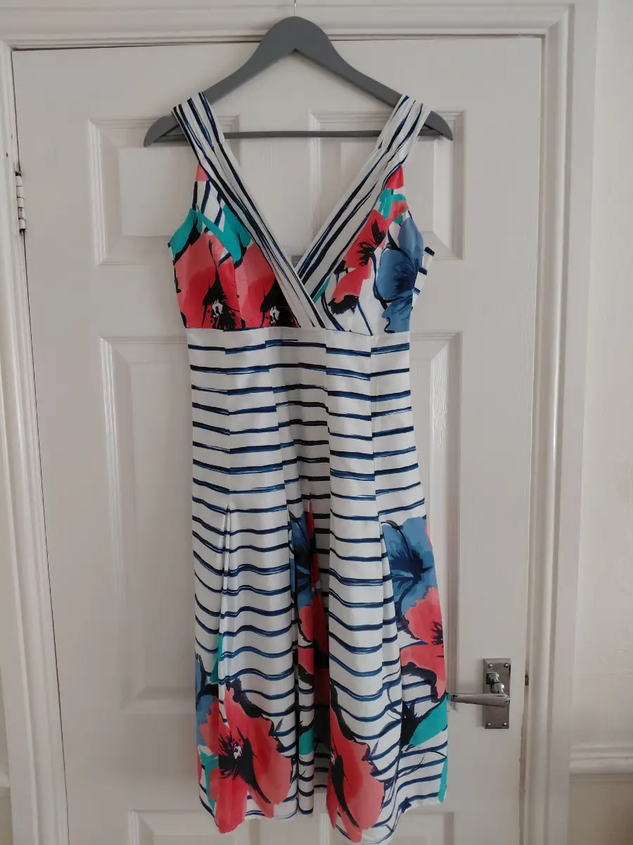 Per Una Floral & Stripe Midi Dress UK 12 Long White Blue Summer Dress