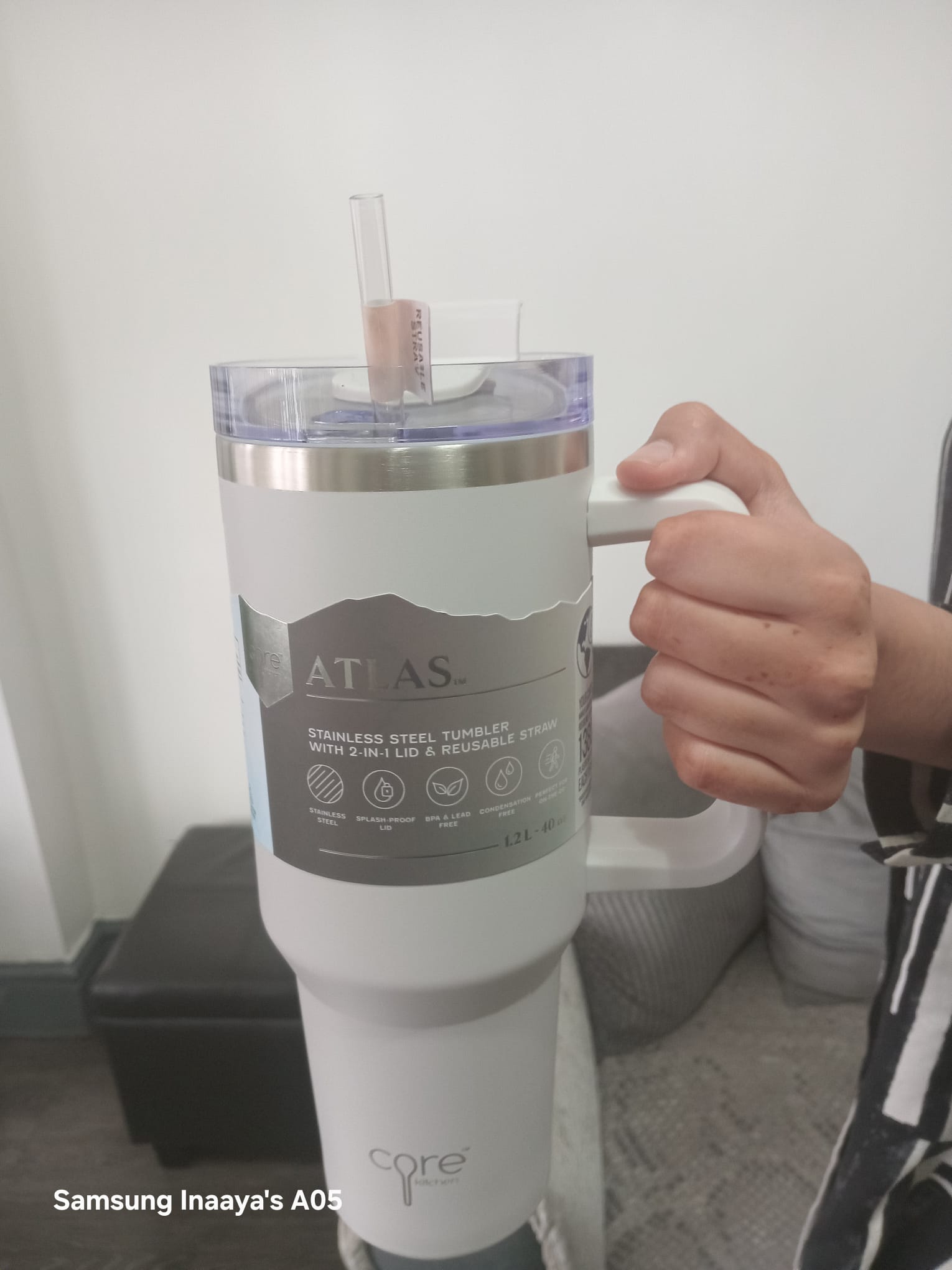 Core Kitchen Atlas 40oz 1.2L Stainless Steel Tumbler White with Straw