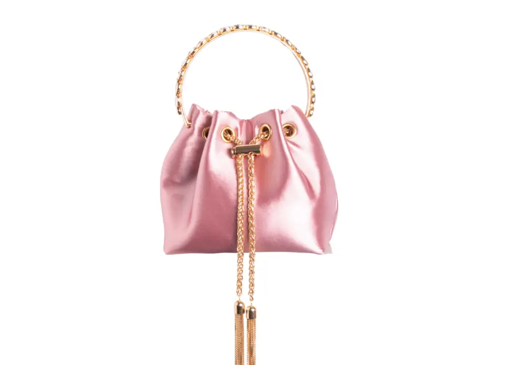 Blush Coloured Satin Crystal Top Handle Tassel Chain Embellished Evening Bag New