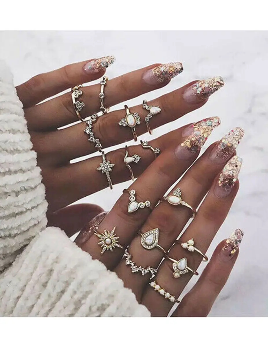 Women Girls 16 Piece Rings Set Knuckle Rings Gold Bohemian Rings