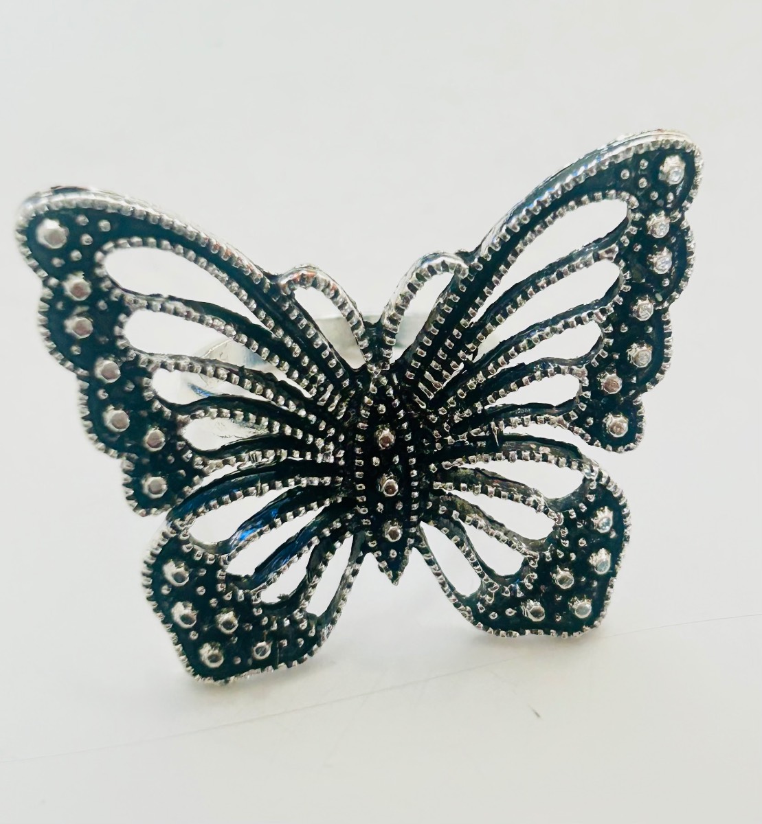 Silver Butterfly Ring – Statement Piece, Grey Studded Detail