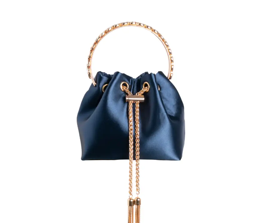 Navy Coloured Satin Crystal Top Handle Tassel Chain Embellished Evening Bag New