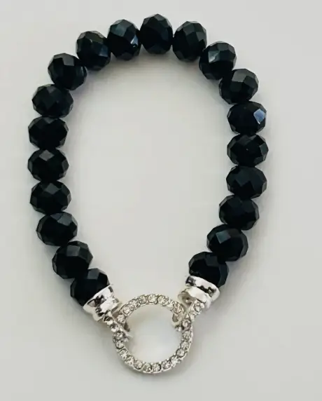 Black Beaded Stretchy Bracelet With Crystal Circle