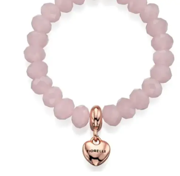 Fiorelli Fashion Rose Quartz Glass Beads Rose Gold Heart Charm Stretch Bracelet