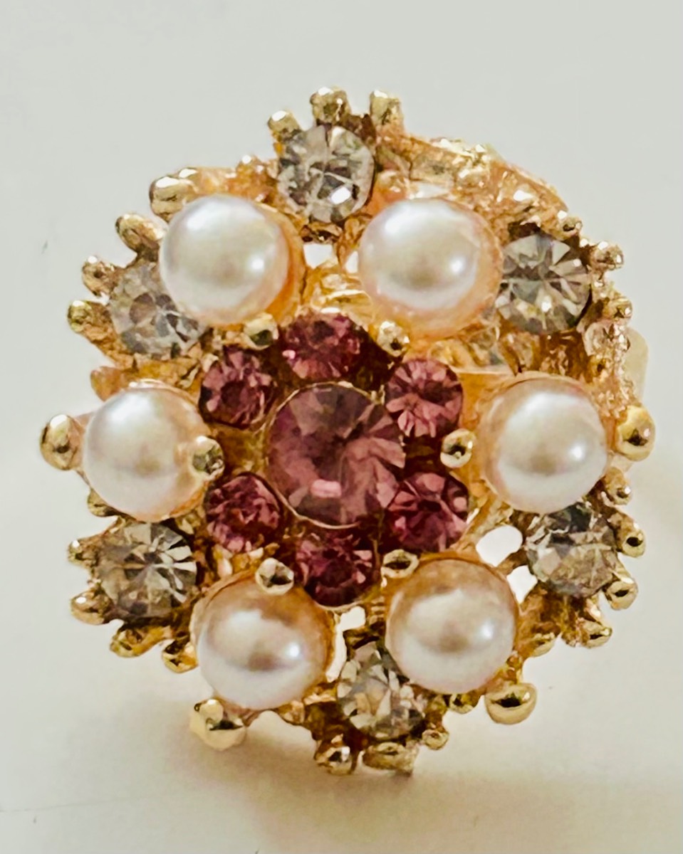 New Gold Statement Adjustable Ring with Pink Gemstones and Pearls