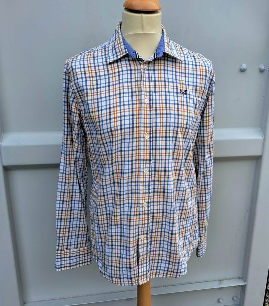 Crew Clothing Company Check Shirt Mens Medium Blue Tan Long Sleeve Button Up