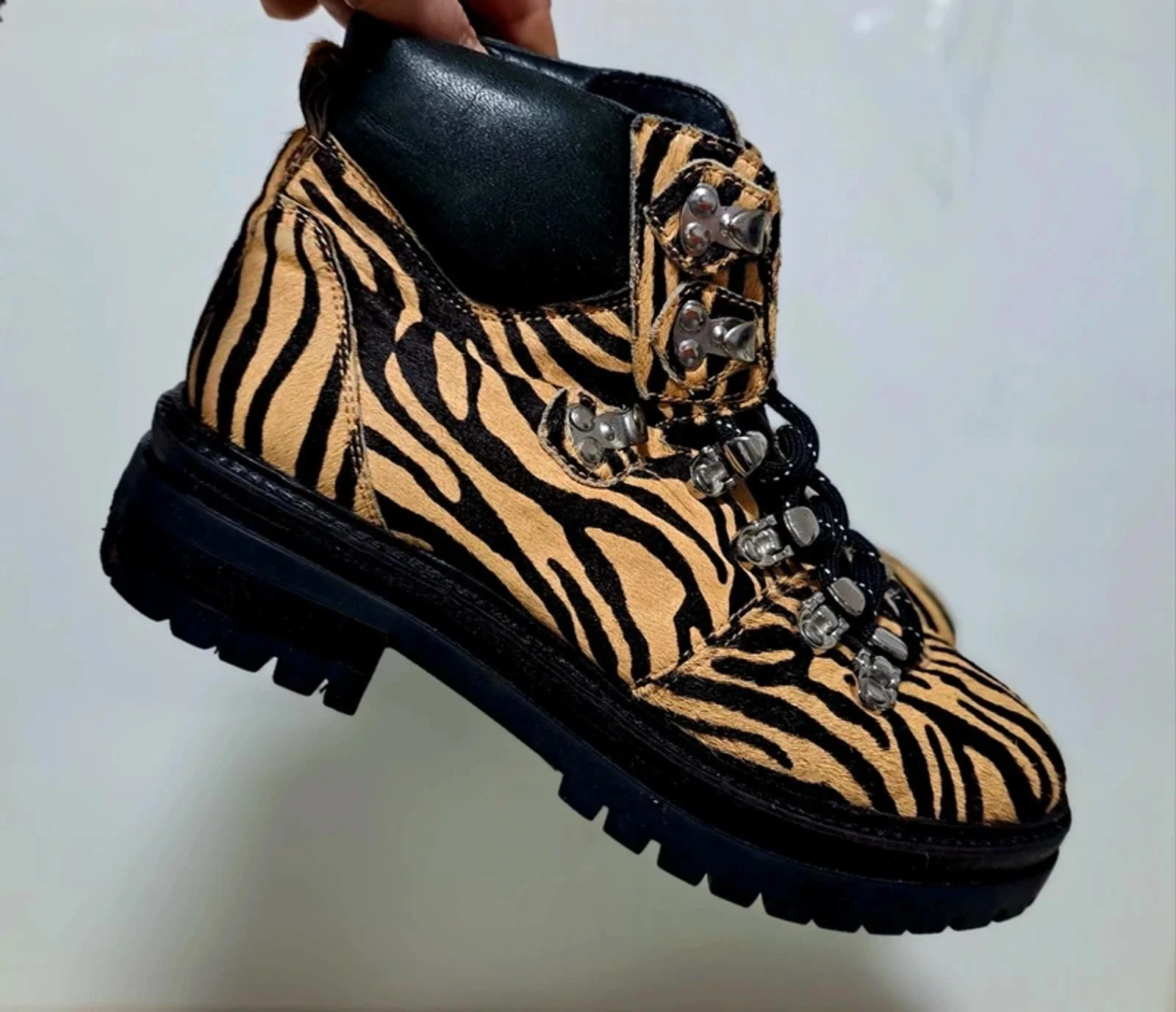 Office Zebra Print Ankle Boots Size 37 UK 4 Chunky Lug Sole Hiking Style Boots