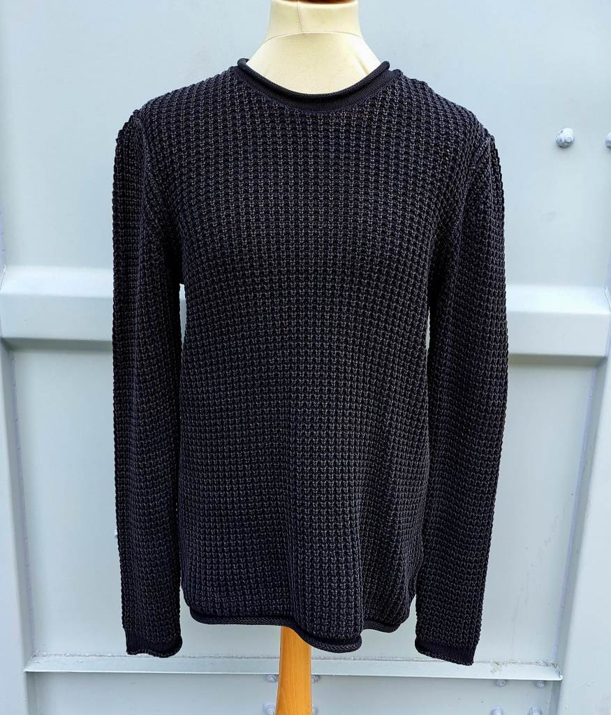 Replay Heavy Knit Men's Jumper XL Deep Black Waffle Knit Cotton Crew Neck