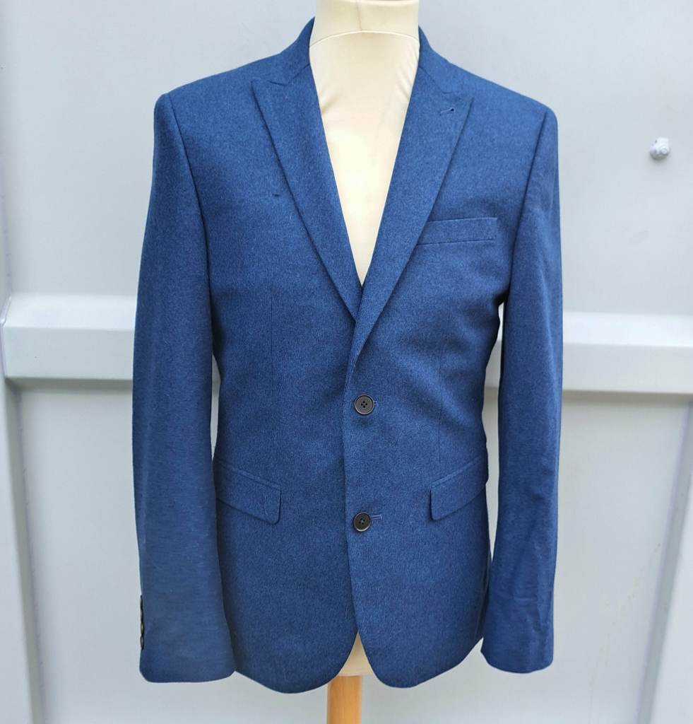 Next 3 Piece Blue Suit Slim Fit 38R W30 Premium Italian Fabric Paisley Lined Jacket and Waistcoat