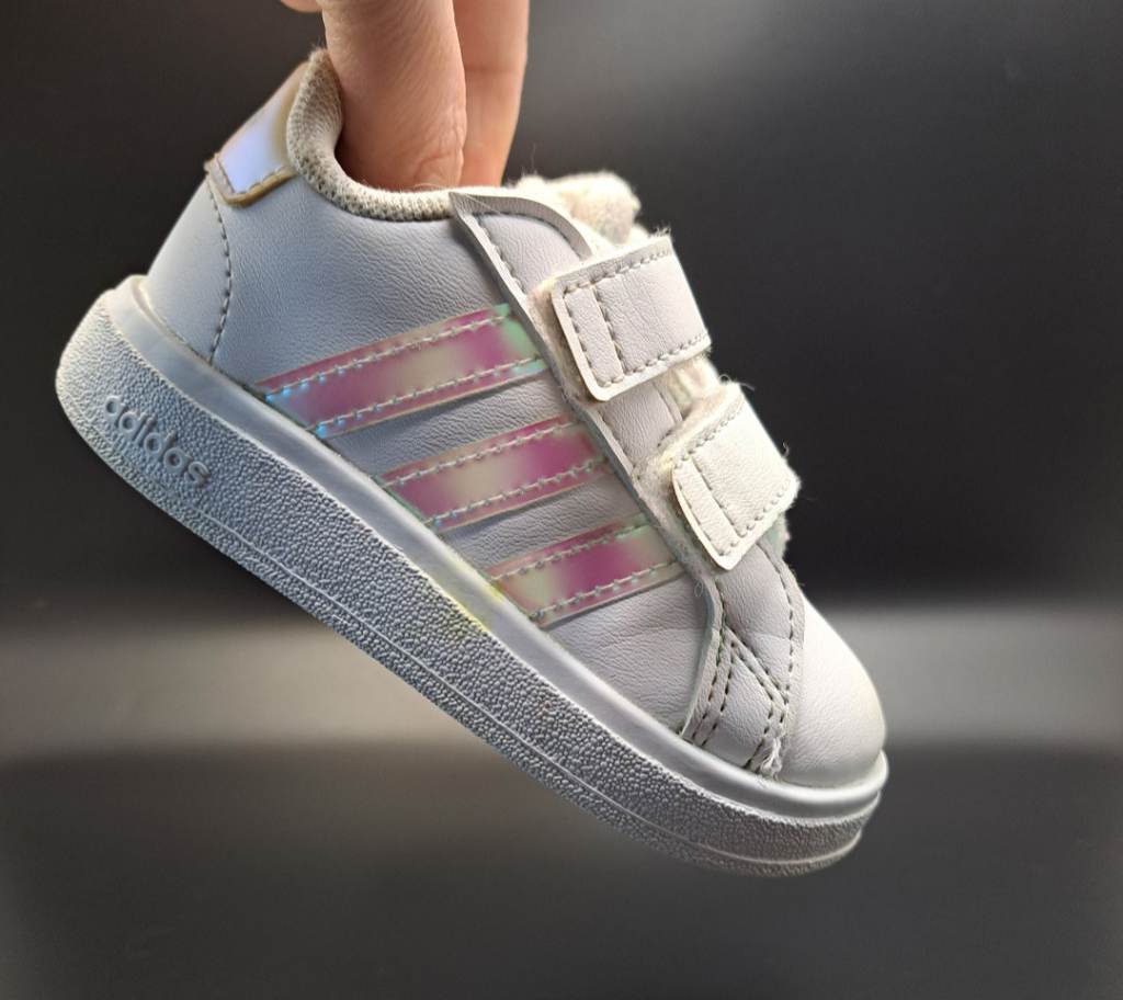 Adidas UK 4K Toddler Trainers White Holographic Coral Stripes Baby Shoes