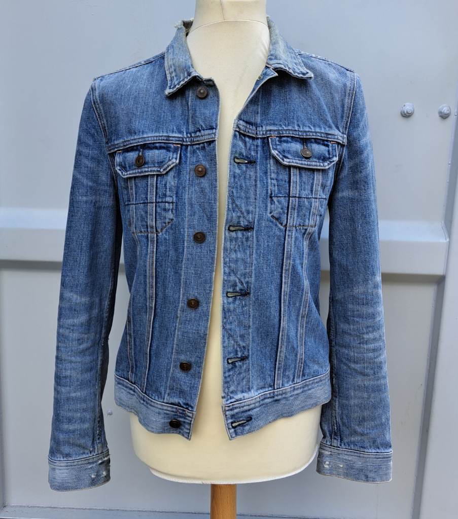 AllSaints Spitalfields Lamara Rider Denim Jacket Men's/Women's Small Blue Vintage Wash Distressed