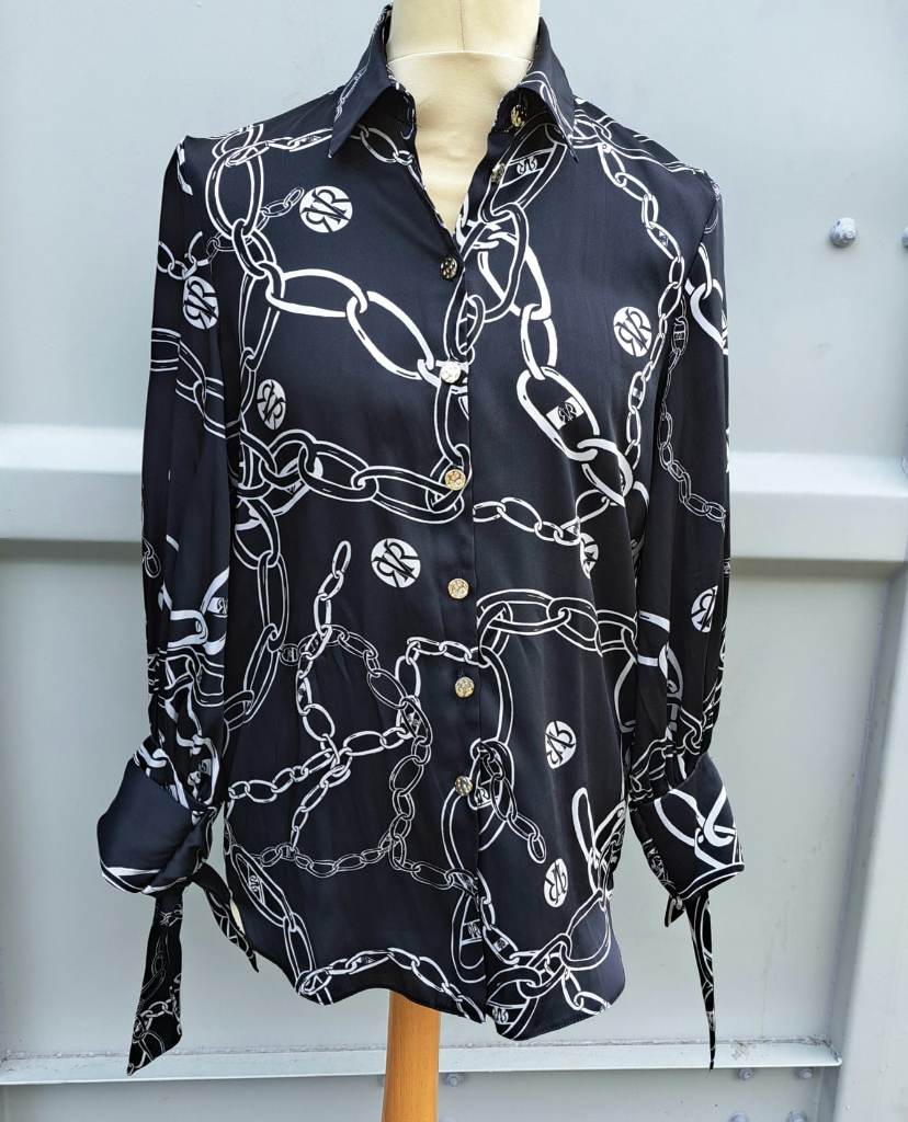 River Island Size 10 Tie Sleeve Silky Black White Chain Print Blouse Smart Office
