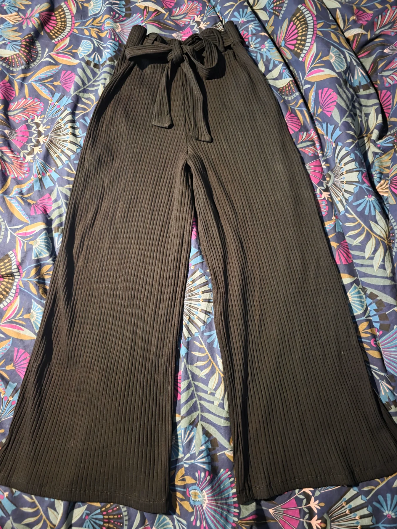 High waisted Black ribbed wide-leg palazzo trousers