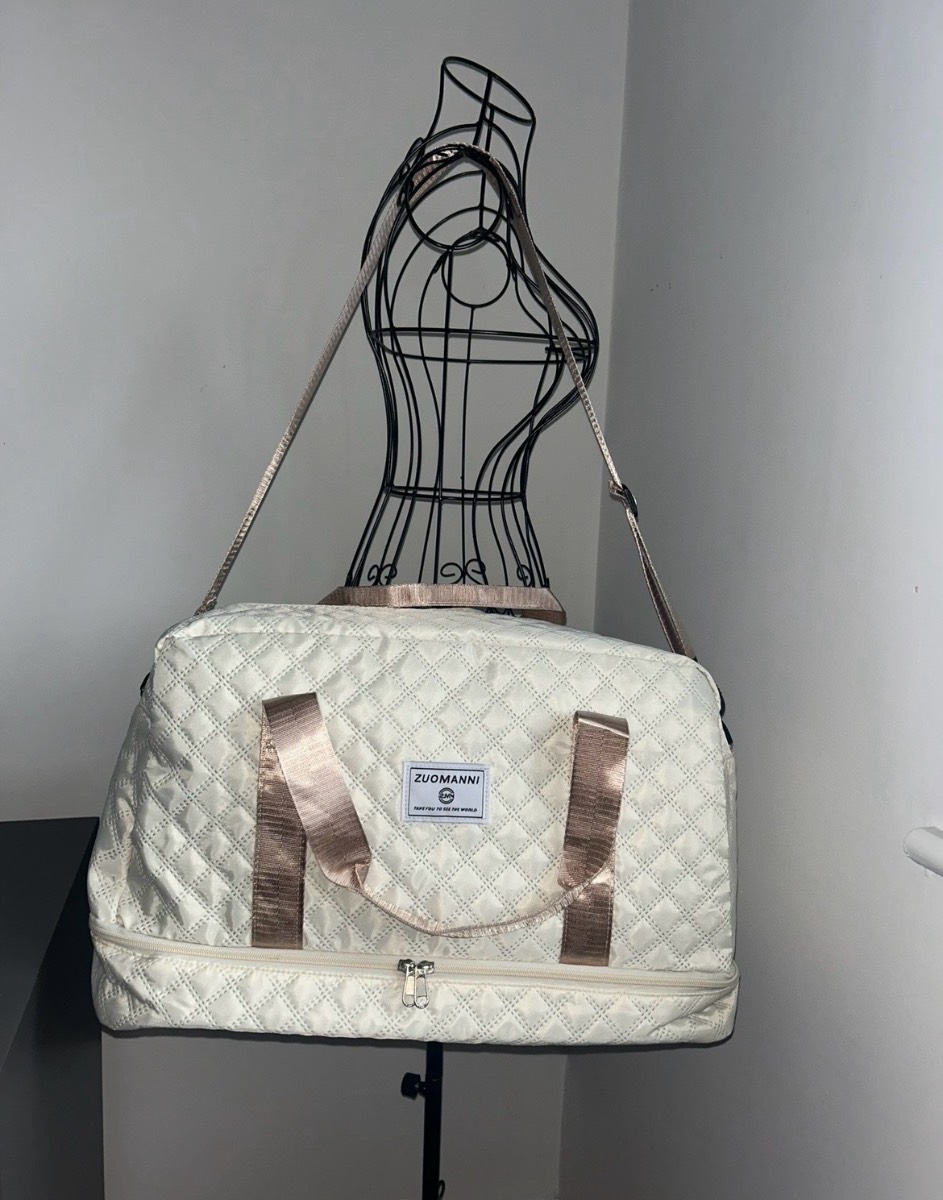 Zuomanni Large Cream Duffle Bag Dry Wet Separation Gym Travel Weekend Holdall.