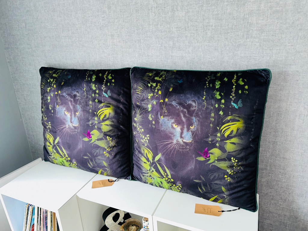 Luxury Velvet Panther Cushions 50x50cm – Botanical Jungle Design - Set of 2