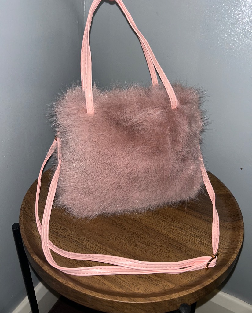 Pink Faux Fur Shoulder Bag – Soft Textured Handbag with Top Handle & Strap – Brand New