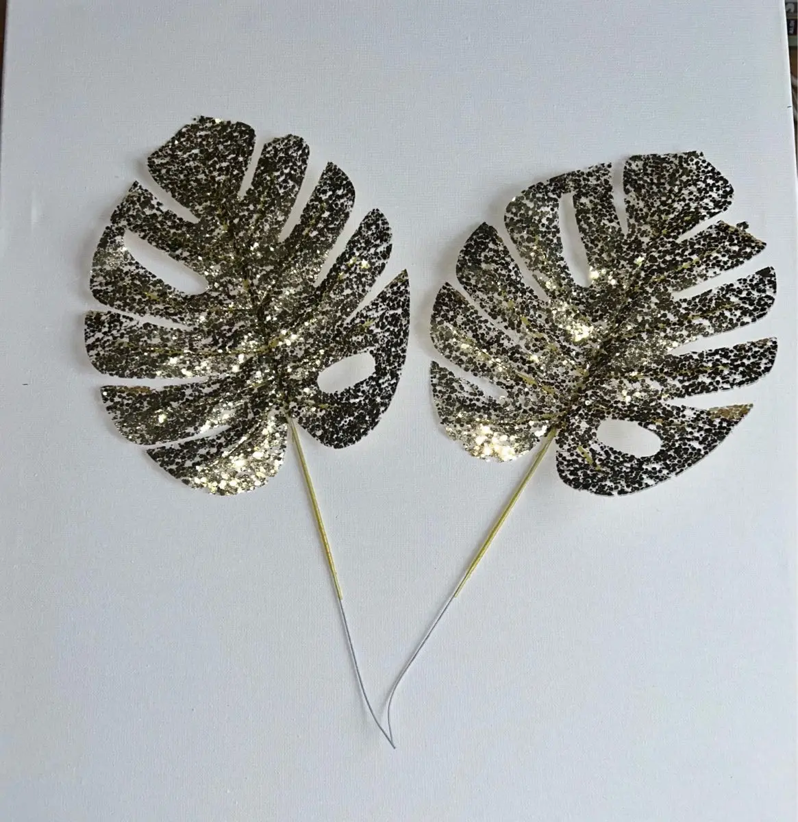 ✨ Set of 2 Gold Glitter Leaves | 38cm Decorative Stems | Brand New