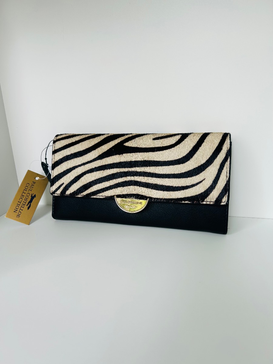 Paul Costelloe Zebra Print Leather Purse – Black & White Flap Wallet BNWT