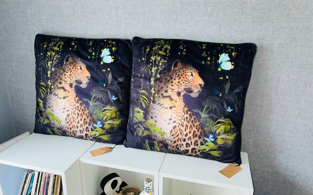 Luxury Velvet Leopard Cushions 50x50cm – Botanical Jungle Design -Set of 2