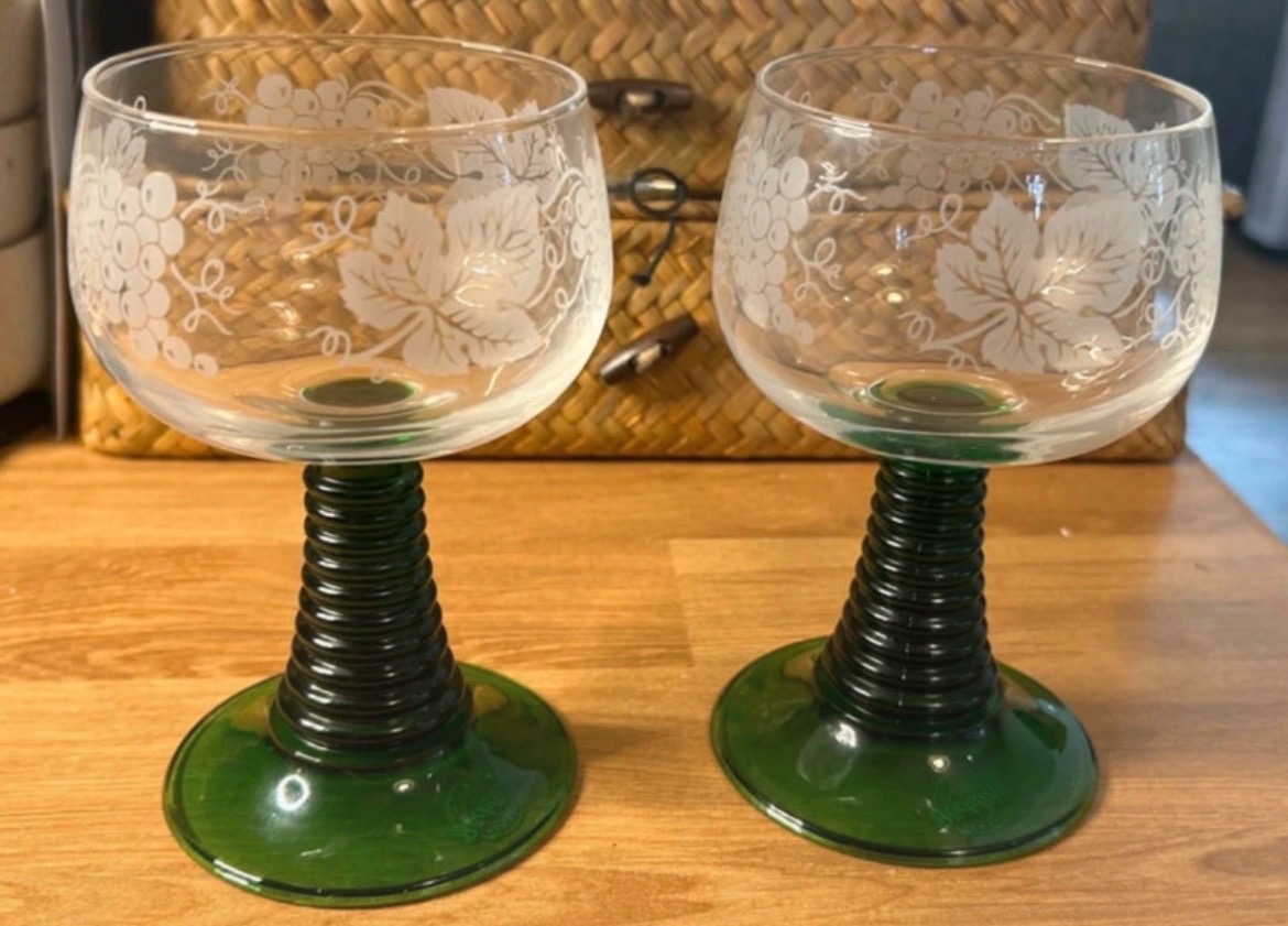 Pair of German Bockling glasses with green stems