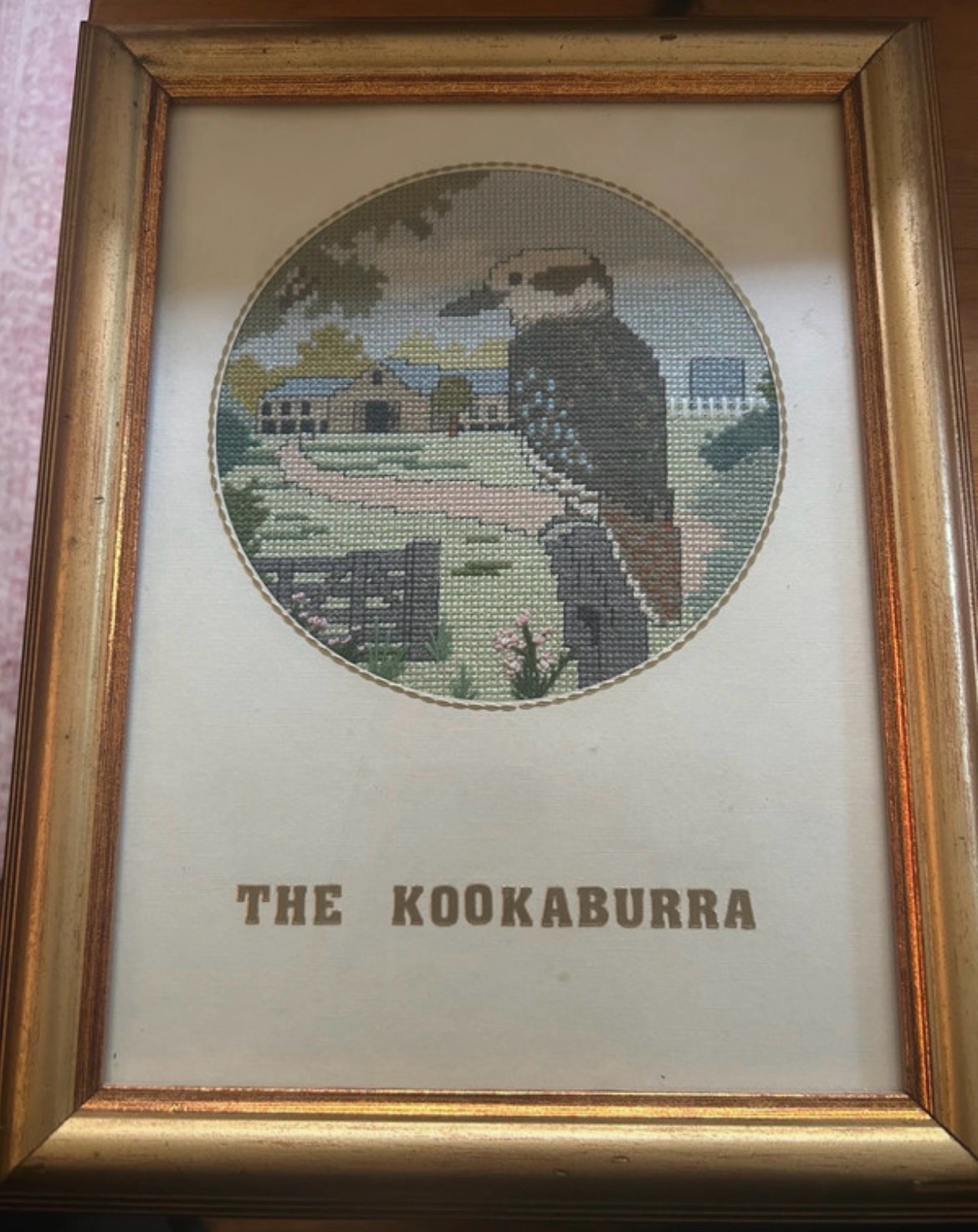 Framed completed cross stitch of Australian kookaburra bird