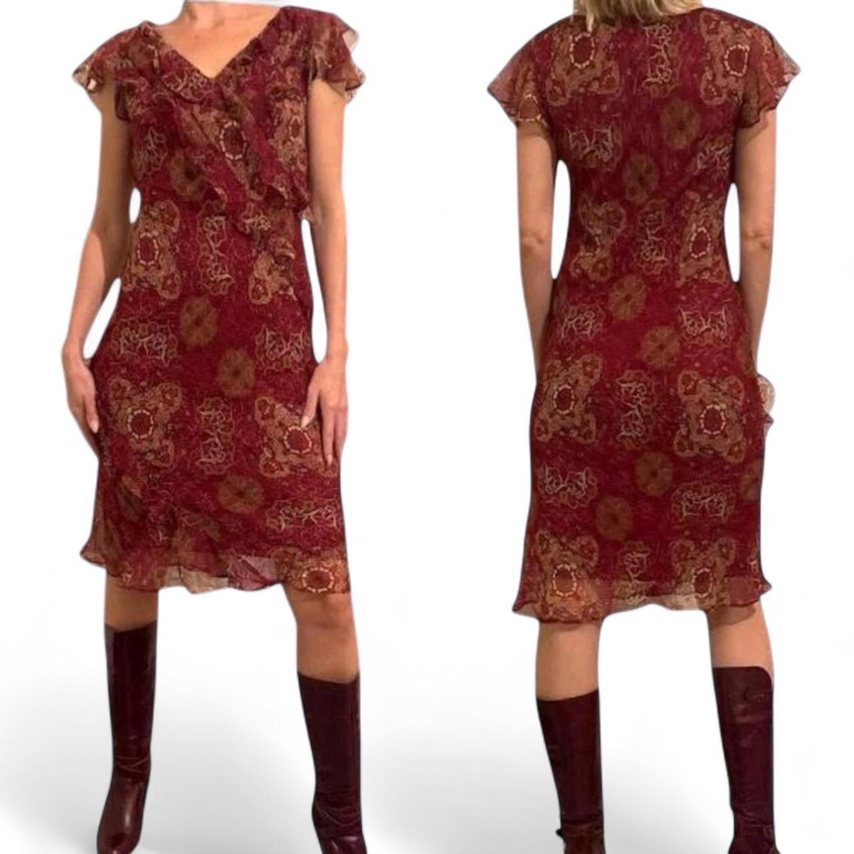 00s Vintage paisley print midi dress with ruffle details and sheer sleeves