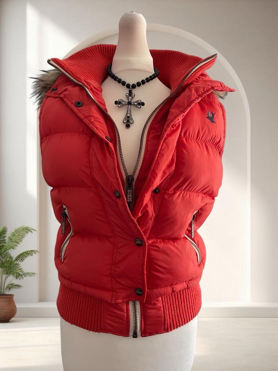Y2K 2000s cropped puffer gilet vest with fur removable hood knit waistband  size S/M