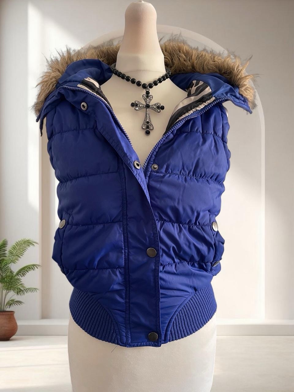 Y2K O0s Blue cropped puffer gilet vest knit waistband with fur hood Size S