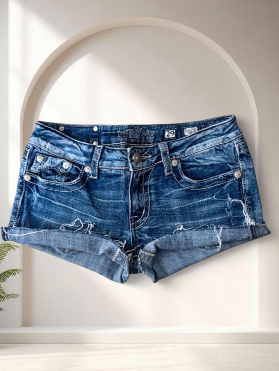Y2k Miss Me low rise blue denim shorts with black embroidered Size S