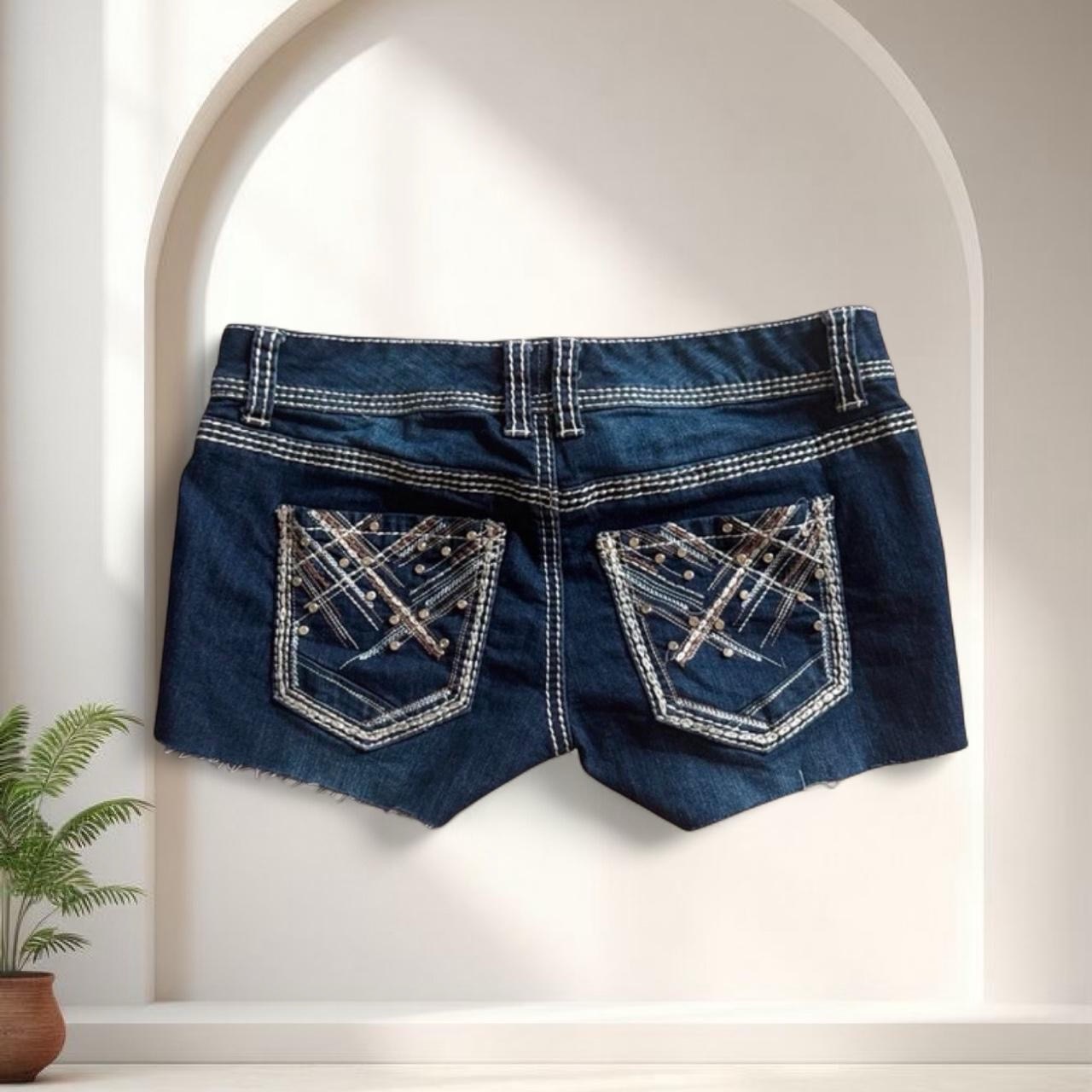 Y2k Maurices low rise navy blue denim shorts rhinestone details, size S McBling